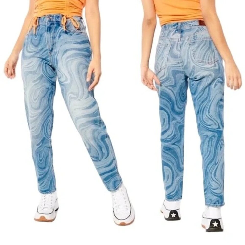 Hollister Curvy Mom Jeans Women's Size 13R High Rise Vintage Swirl Pattern Blue